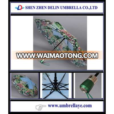 Auto open sun/rain flower print oem colorful umbrella with green handle