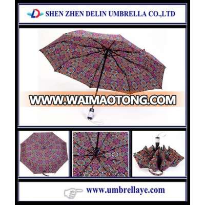 All auto antique print fabric umbrella 3 fold, umbrella black shaft