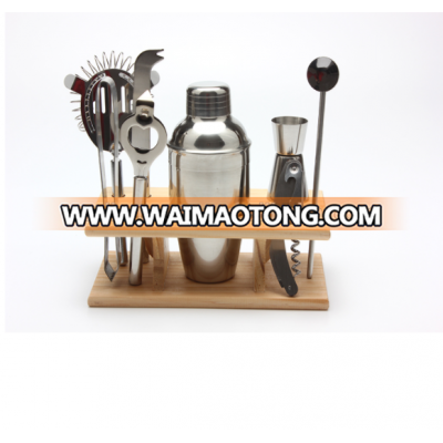 High Quality Stainless Cocktail Shaker Mixer Drink Tools Bar Set with Wood Stand