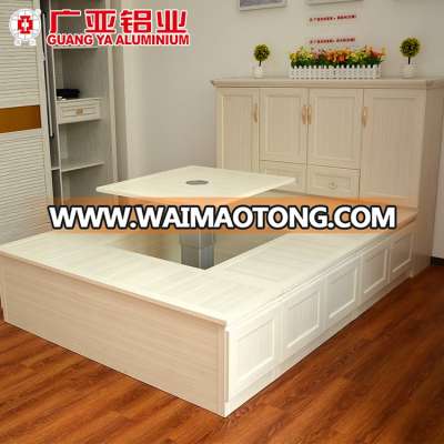 Japanese style wooden grain aluminium frame furniture tatami bed with rising desk and cabinet